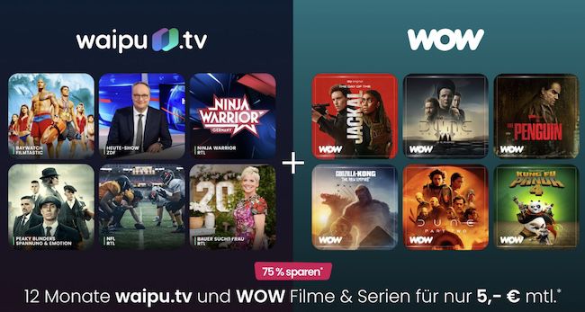 🔥 Nur 5€ mtl. 📺 75% Rabatt auf waipu.tv Perfect Plus inkl. WOW Filme & Serien