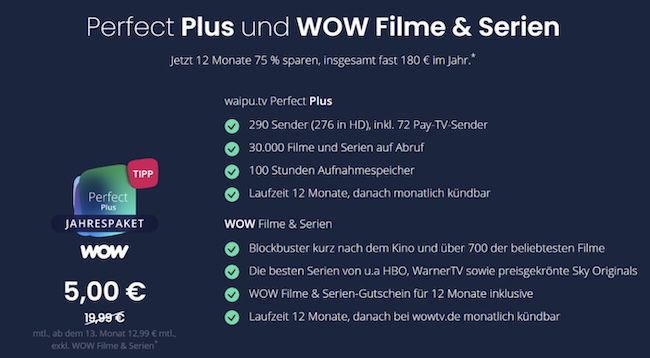 🔥 Nur 5€ mtl. 📺 75% Rabatt auf waipu.tv Perfect Plus inkl. WOW Filme & Serien