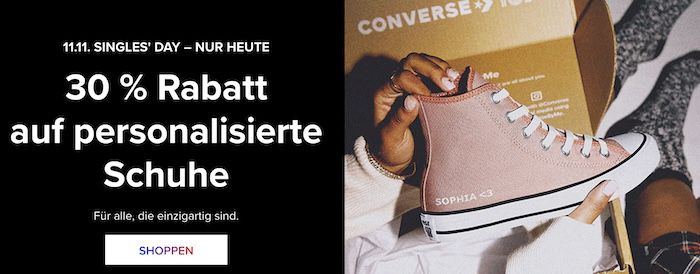 Nur heute 👟 Converse Singles Day 30% Rabatt auf personalisierte Schuhe