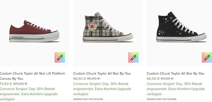 Nur heute 👟 Converse Singles Day 30% Rabatt auf personalisierte Schuhe