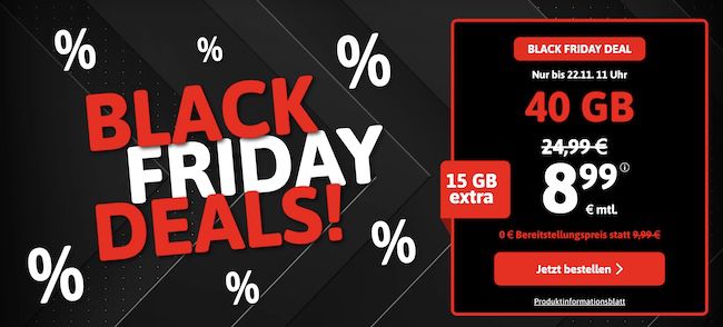 Black Friday BlackSIM 5G Tarife   z.B. Allnet 40GB 5G für 8,99€ mtl. (monatlich kündbar)