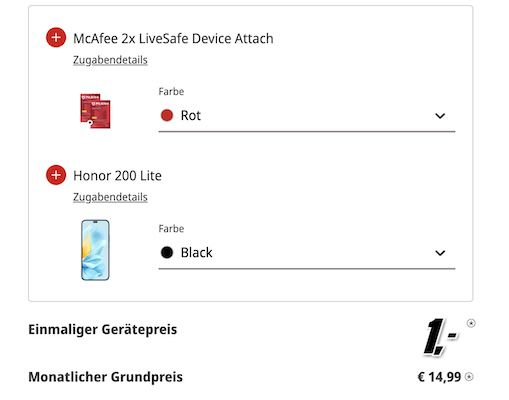 2x Honor 200 Lite mit 256GB + o2 Allnet 30GB inkl. Zusatzkarte für 14,99€ mtl. + 30€ Bonus