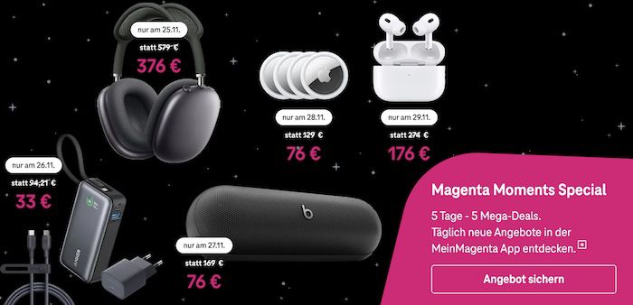 Telekom Magenta Moments   z.B. Apple AirPods Max (USB C) für 379€ (statt 525€)