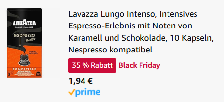 Lavazza Lungo Intenso 10 Nespresso Kapseln für 1,94€ (statt 8€)