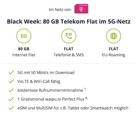 🔥 Black Week KNALLER 🧨 Telekom Allnet mit 80GB 5G für 14,99€ mtl.