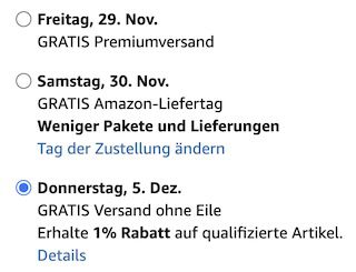 Amazon: 1% Rabatt auf Lieferungen ohne Eile