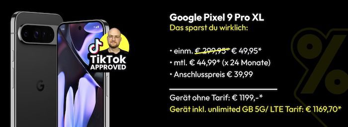 Google Pixel 9 Pro XL für 49,95€ + o2 Allnet unlimited* 5G für 44,99€ mtl.