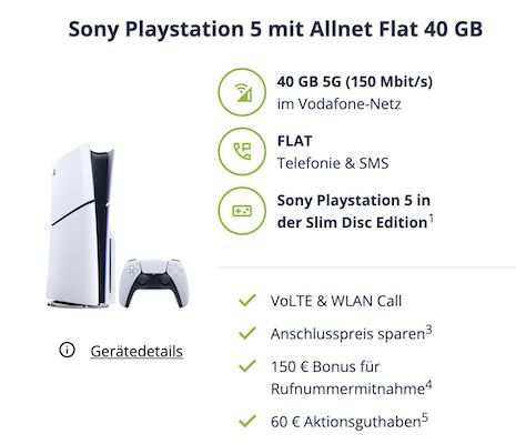 🔥 PlayStation 5 Slim Disc + Vodafone 40GB für 29,99€ mtl. + 210€ Bonus