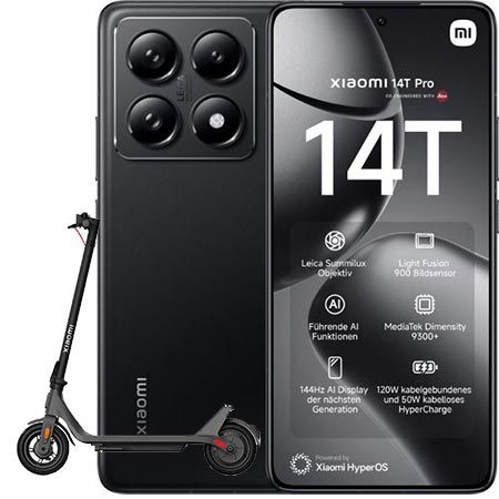 🔥 Eff. GEWINN: Xiaomi 14T Pro + GRATIS Xiaomi 4 Lite Scooter + o2 100 GB für 29,99€ mtl.