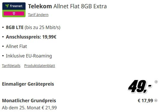 Samsung Galaxy S24 FE für 49€ + Telekom 8GB Allnet Flat für 17,99€ mtl.