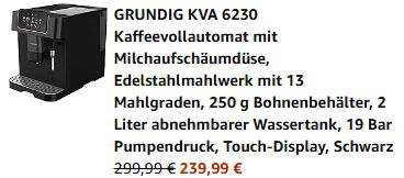 ☕ GRUNDIG KVA 6230 Kaffeevollautomat mit Milchaufschäumdüse für 239,99€ (statt 385€)