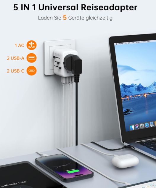 NOVOO Reisesteckdosenadapter Weltweit mit USB & USB C für 14,29€ (statt 22€)