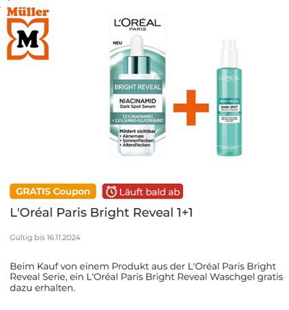 Couponplatz: 1 Produkt aus der LOréal Paris Bright Reveal Serie kaufen, 1 LOréal Paris Bright Reveal Waschgel gratis dazu