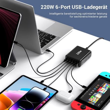 FINIBO 6 Port USB C/A Ladegerät mit 220W + PD & QC für 22,79€ (statt 38€)