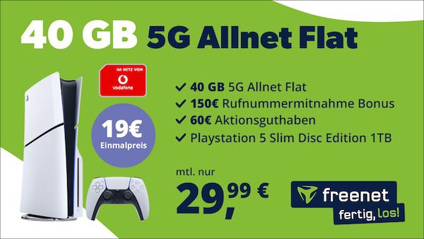 🔥 PlayStation 5 Slim Disc + Vodafone 40GB für 29,99€ mtl. + 210€ Bonus