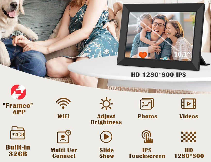 Frameo Digitaler 10,1 Zoll IPS Bilderrahmen (1280x800) mit App für 49,98€ (statt 90€)