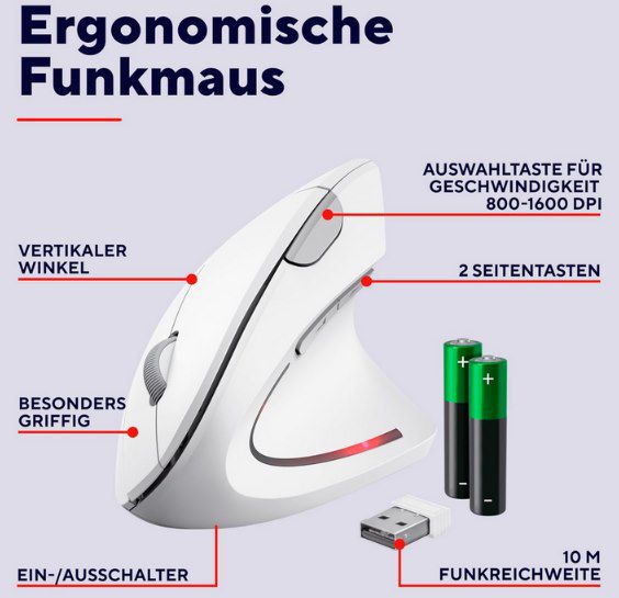 Trust Verto Ergonomische Wireless Maus für Rechtshänder für 9,99€ (statt 17€)