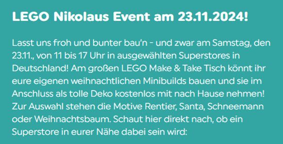 Gratis: LEGO Nikolaus Event in den Smyths Toys Stores am 23.11.2024