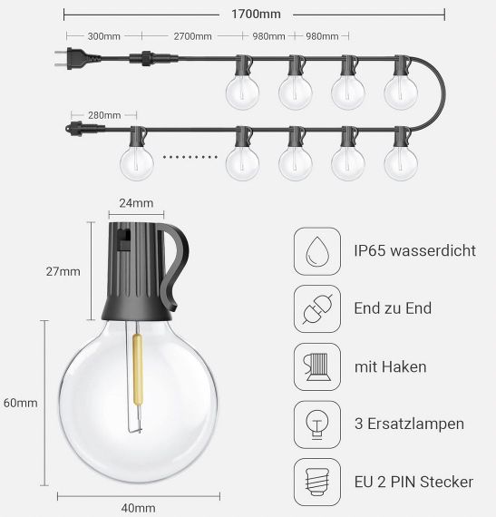 Ehaho Außen LED G40 Lichterkette (17m) für 14,99€ (statt 25€)