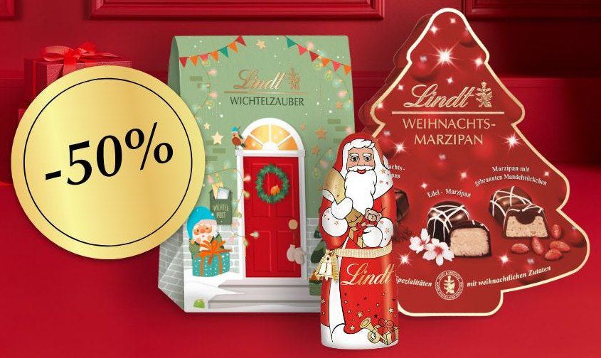 Lindt: 50% Rabatt auf Weihnachtsartikel   z.B. Weihnachtsmann Mütze für 5,70€ (statt 9€)