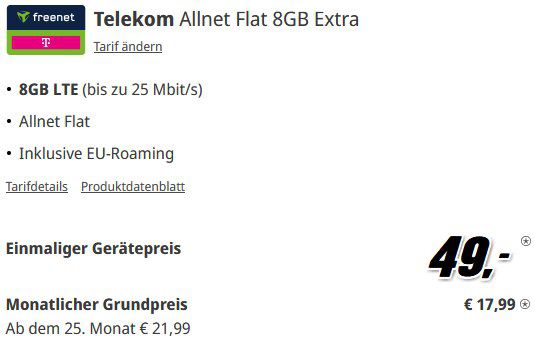 Samsung Galaxy S24 FE für 49€ + Telekom 8GB Allnet Flat für 17,99€ mtl.