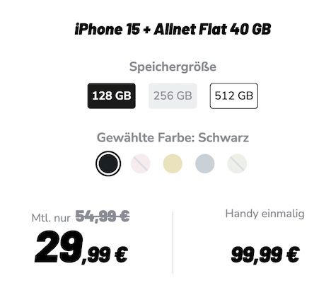 🔥🤯 Apple iPhone 15 für 99,99€ + Vodafone Allnet 40GB für 29,99€ mtl.