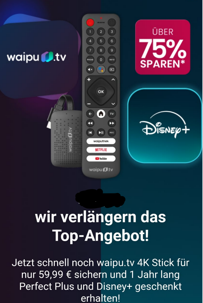 Letzte Chance 🔥 12 Monate waipu.tv (mit Pay TV) inkl. 4K Stick + 12 Monate Disney+ für einmalig 59,99€ (statt 249€)