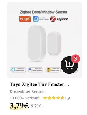 3x Tuya ZigBee Tür Fenster Sensor für 11,37€ (statt 23€)