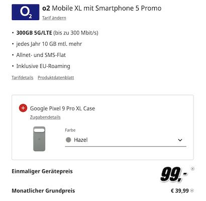 KRASS 🤯🔥 Google Pixel 9 Pro XL inkl. Case für 99€ + o2 Allnet 300GB 5G für 39,99€ mtl.