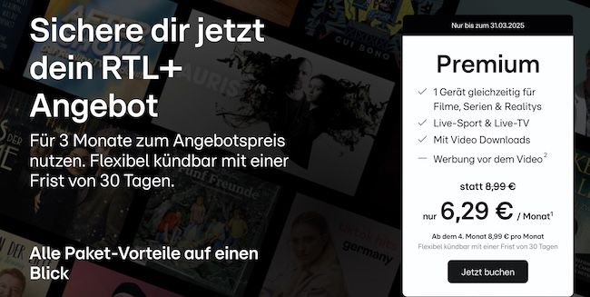 🍿 3 Monate RTL+ Premium für 6,29€ mtl. (statt 8,99€)