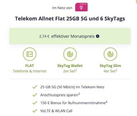 🔥 Telekom Allnet Flat mit 25GB 5G für eff. 5,95€ mtl. + 6x SkyTags