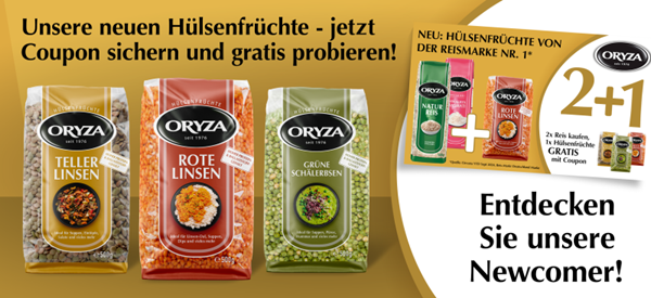 Beim Kauf von ORYZA Reis einmal ORYZA Hülsenfrüchte gratis dazu