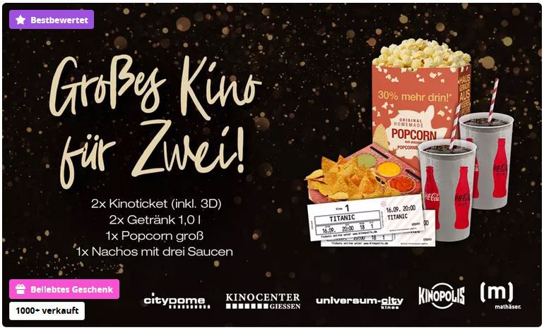 🎞️ 2 Kinopolis Kinotickets + 🍿 Popcorn, 🧀 Nachos & 🥤 Getränken für 30,49€ (statt 53€)