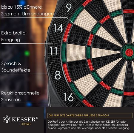 🎯 Kesser E Dartboard mit 15 Dartpfeile + 35 Pro Flights + Zubehör für 52,70€ (statt 60€)