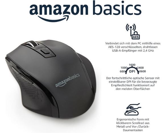 Amazon Basics Ergonomische kabellose USB Maus für 12,40€ (statt 15€)