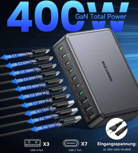 Rocoren 400W GaN USB C Ladegerät mit 10 Ports für 39,45€ (statt 79€)