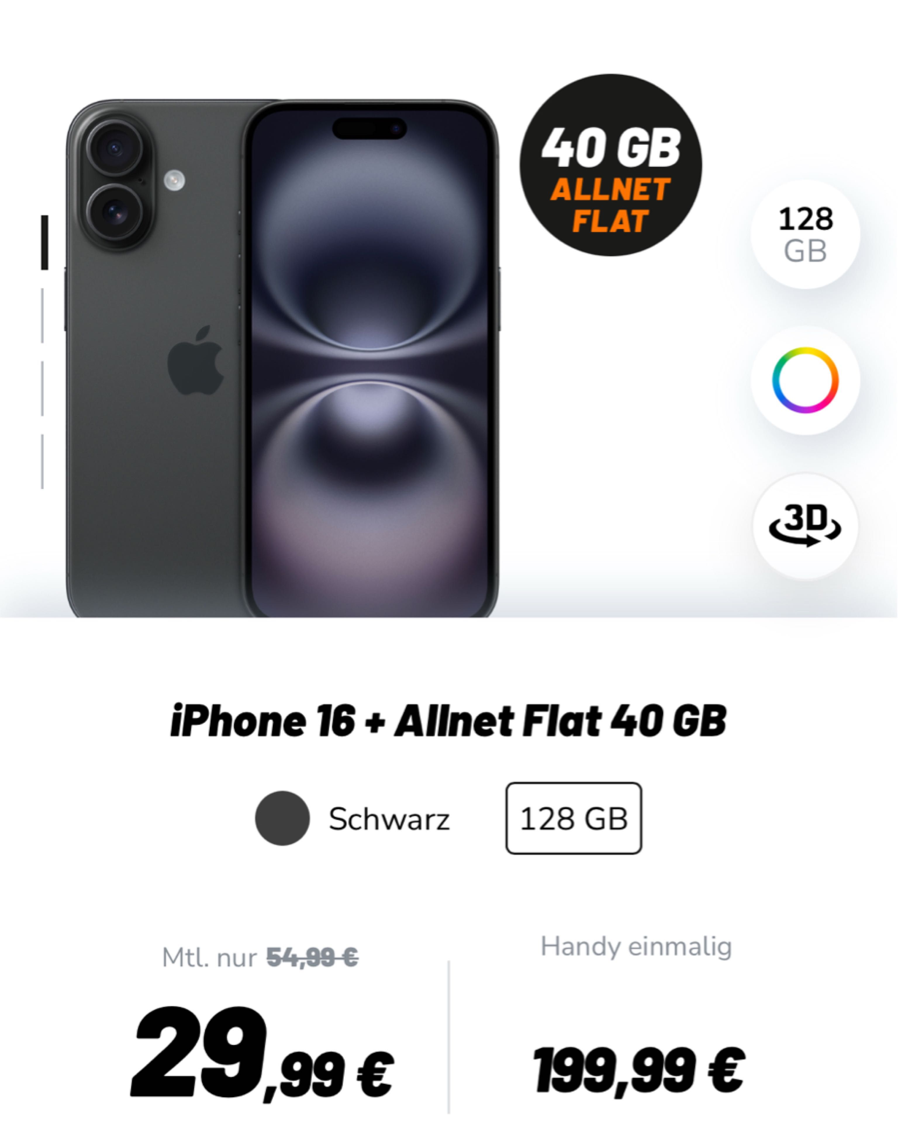 Apple iPhone 16 für 199,90€ + Allnet Flat 40 GB in D Netz Qualität für 29,99€ im Monat