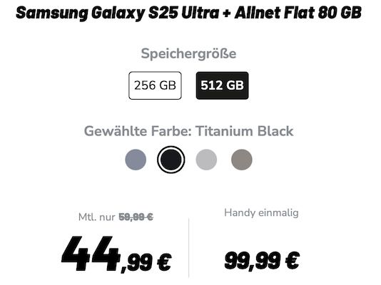 Samsung Galaxy S25 Ultra (512 GB) für 99,99€ + Vodafone Allnet Flat 80GB für 44,99€ mtl. + 100€ Bonus