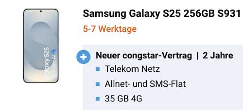 Mit Gewinn 🔥➡️ Samsung Galaxy S25 (256GB) für 129€ + Telekom Allnet 35GB für 22€ mtl.