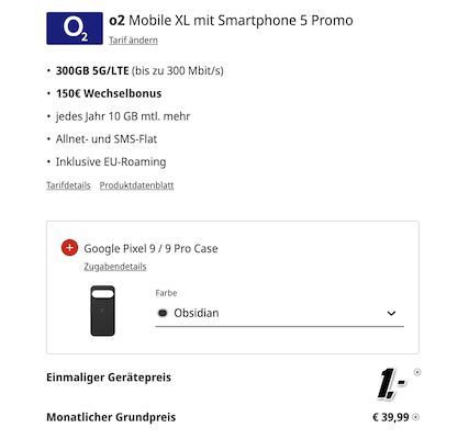 🔥 Google Pixel 9 inkl. Case + o2 Allnet 300GB 5G für 39,99€ mtl. + 150€ Bonus