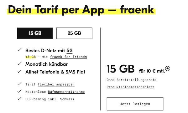 🔥 fraenk: Telekom Allnet Flat mit 15GB 5G nur 10€ mtl.