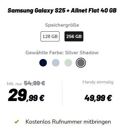 🧨 Mit Gewinn! Samsung Galaxy S25 für 49,99€ + Vodafone 40GB 5G Flat für 29,99€ + 100€ Cashback