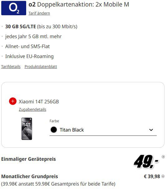 📱 2x Xiaomi 14T + 2x o2 Allnet 30GB für 39,98€ mtl.