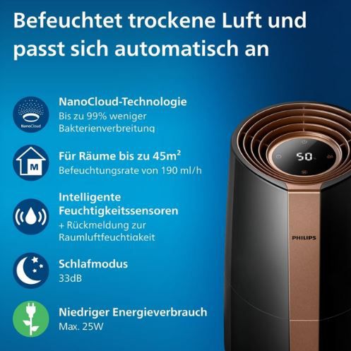 Philips HU3918/10 Luftbefeuchter 3000, 45 m², 300 ml/h, für 79,99€ (statt 98€)