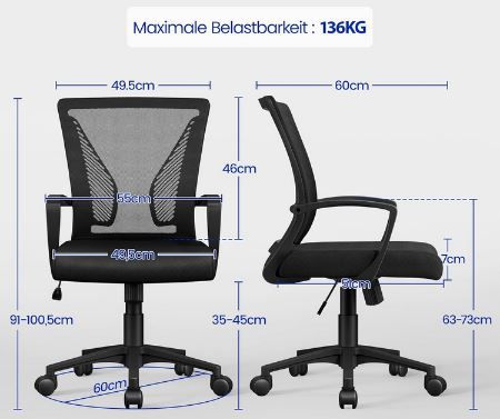 🪑 Yaheetech Ergonomischer Bürostuhl mit Netzbespannung für 42,29€ (statt 60€)