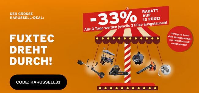 🏡 Fuxtec: 33% Rabatt auf 13 Artikel   Alle 3 Tage neue Deals!