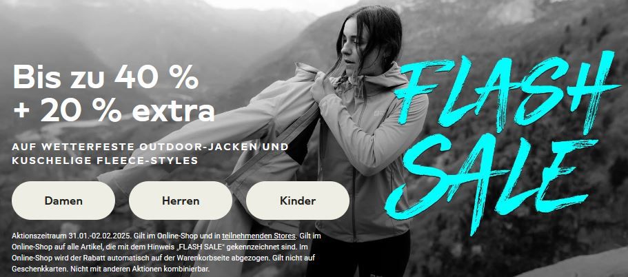 🔥 Jack Wolfskin Flash Sale mit  40% + 20% Extra auf Fleece & Jacken   z.B. Daunenjacke 110€ (statt 148€)