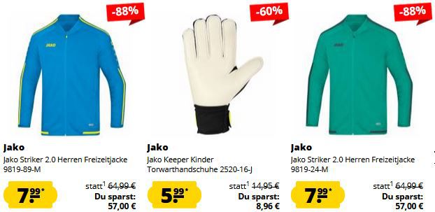 👕 SportSpar: Jako Mega  88% Sale mit Preisen ab 3,99€ + 5€ Gutschein ab 60€