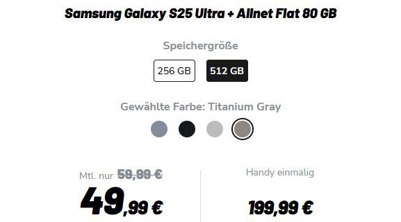 🔥 Samsung Galaxy S25 Ultra (512GB) für 199,99€ + Vodafone Flat 80GB für 49,99€ mtl.