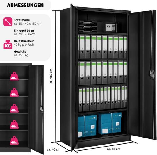 tectake Mehrzweck Aktenschrank aus Stahl, 180x80x40cm für 169,79€ (statt 227€)